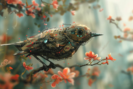 Conceptual artwork depicting a surreal blend of nature and technologyの素材