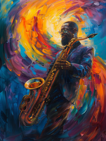 Expressionist painting of a jazz musician, colors flowing with the musicの素材
