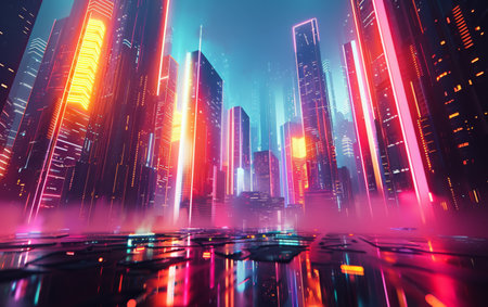Futurism-infused cityscape with neon lights and abstract shapesの素材