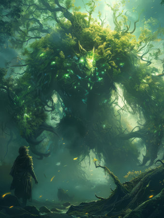 Fantasy illustration for a book series, mystical creatures in an enchanted forestの素材