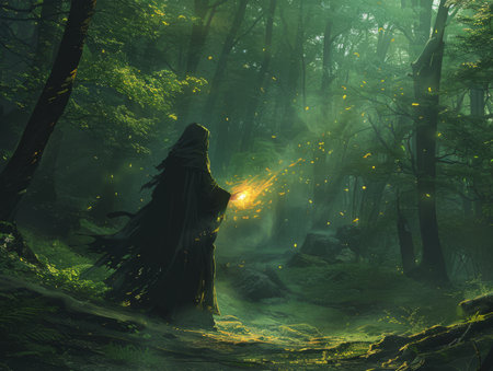 Fantasy scene of a sorcerer conjuring magical elements in a dark forestの素材