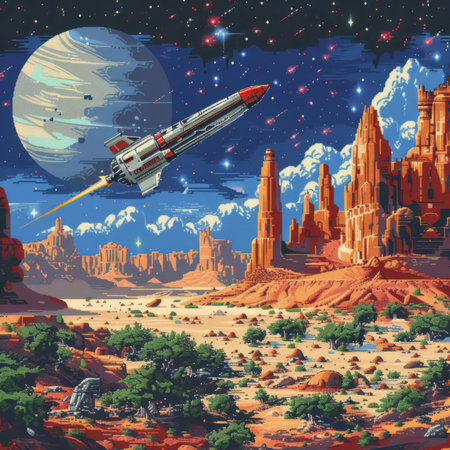 Digital pixel art of a spaceship exploring a new, alien worldの素材