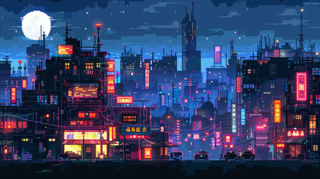 Digital pixel art scene of a futuristic cityscape at nightの素材