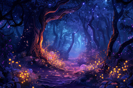 Fantasy illustration of a hidden magical forest with glowing plantsの素材