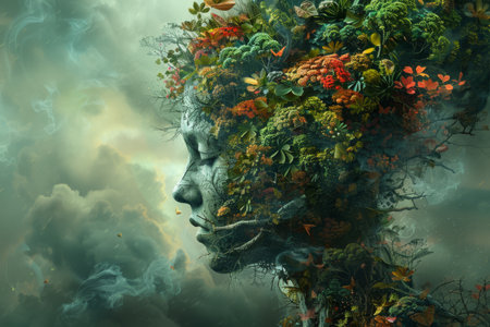 Conceptual artwork depicting a surreal blend of nature and technologyの素材