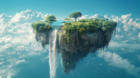 A floating island with a cascading waterfall into the sky,の素材