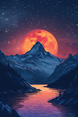 Minimalist mountain range with a moonrise in a star-filled skyの素材
