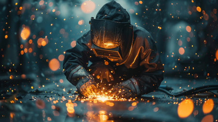 Welder performing intricate metalwork under bright sparksの素材