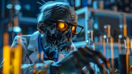 3D rendered zombie as a scientist, conducting experiments in a labの素材
