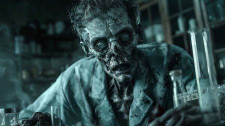 3D rendered zombie as a scientist, conducting experiments in a labの素材