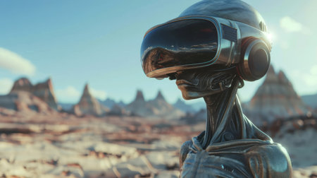 3D rendered alien enjoying virtual reality travel, exploring Earth's landmarksの素材