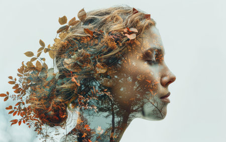 Portrait blending human and nature elements, symbolizing unityの素材