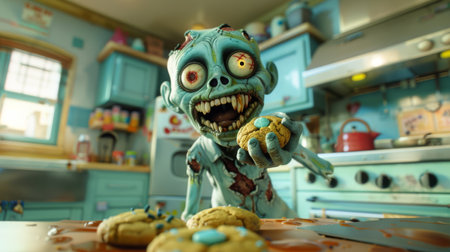 3D rendered zombie baking cookies in a bright, cartoon-style kitchenの素材