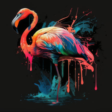 Flamingo in a stylish dress, oil splash style, vivid hues on blackの素材