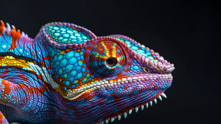 Brightly colored chameleon with intricate scales against a dark backdropの素材