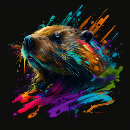 Beaver in trendy attire, vector oil splash art, bright colors on blackの素材