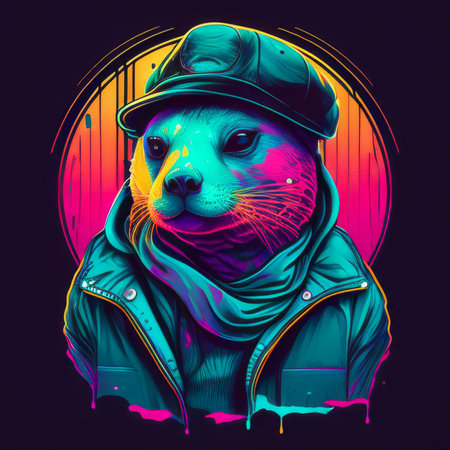 Seal portrait graphic in chic clothes on t-shirt vector, vivid synthwave colors, detailedの素材