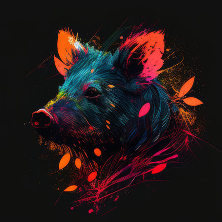 Wild boar wears chic bunny ears ,oil splash vector art, bright colors on blackの素材