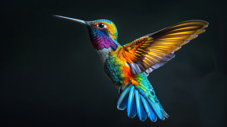 Radiant hummingbird in mid-flight showcasing vibrant plumage, black backdropの素材