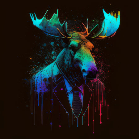 Moose in a fashionable blazer, oil splash vector art, vibrant on blackの素材