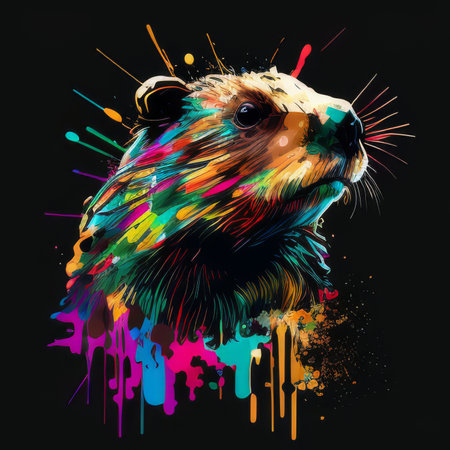 Beaver in trendy attire, vector oil splash art, bright colors on blackの素材