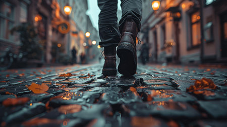 A pair of shoes walking alone on a cobblestone streetの素材