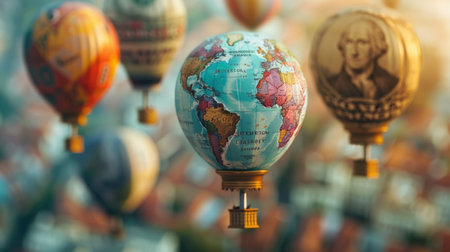 Entrepreneurs racing in hot air balloons shaped like different currenciesの素材