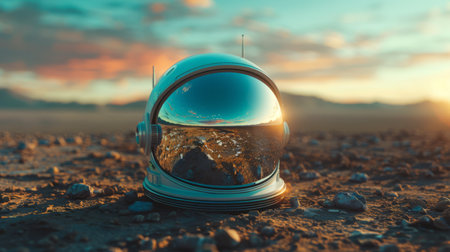 A lone astronaut's helmet reflecting a forgotten planetの素材