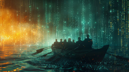 A team of businesspeople rowing a boat in a sea of binary code during a stormの素材