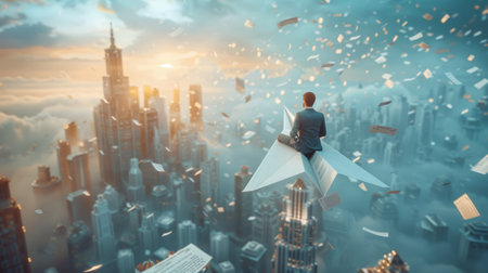 An entrepreneur riding a paper airplane over a cityscape made of financial documentsの素材
