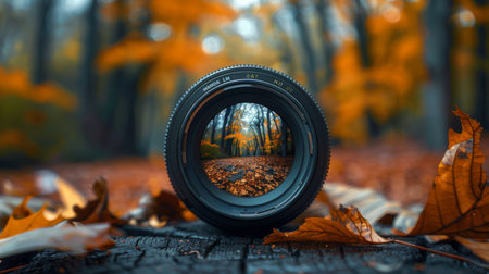 Camera lens focusing on a scene transitioning to autumnの素材
