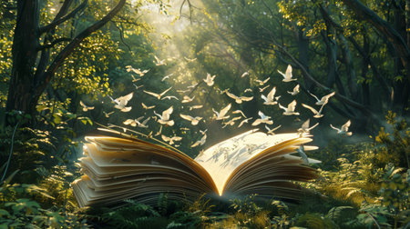 Book with pages transforming into flying birds in a forestの素材