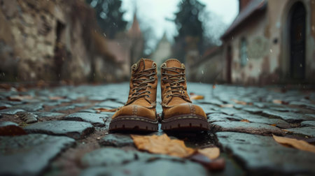 A pair of shoes walking alone on a cobblestone streetの素材