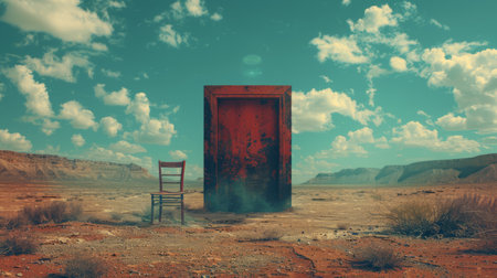 A single chair facing a large, ominous door in a vast desertの素材