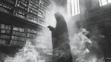 Ghostly librarians organizing an invisible book collectionの素材