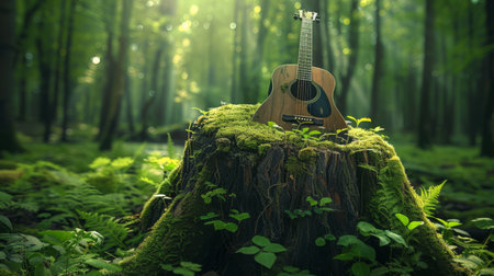 Guitar growing from a tree trunk in a music forestの素材