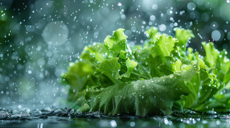A crisp lettuce leaf being splashed with droplets of waterの素材
