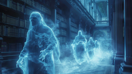 Ghostly librarians organizing an invisible book collectionの素材