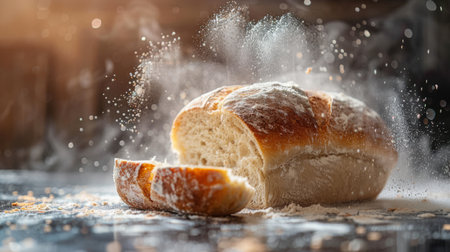 A fresh loaf of sourdough bread being torn apart, with steam escapingの素材