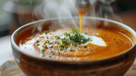 A bowl of steaming hot soup with a swirl of cream being addedの素材