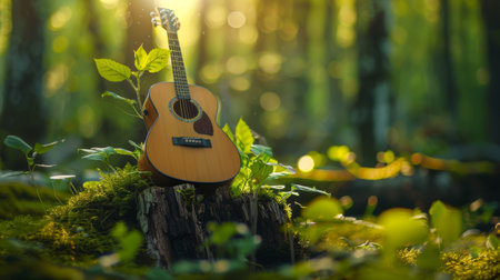 Guitar growing from a tree trunk in a music forestの素材