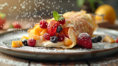 A delicate crepe being filled with fresh fruit and creamの素材