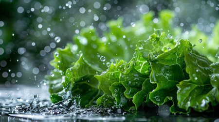 A crisp lettuce leaf being splashed with droplets of waterの素材