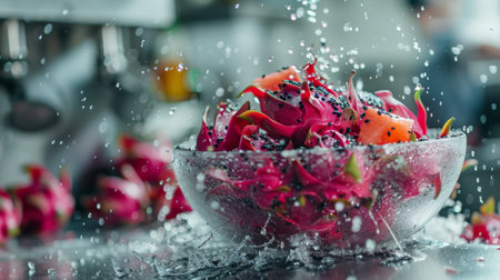 A bowl of exotic dragon fruit being sliced open, revealing the vibrant insideの素材