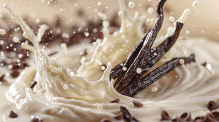 A scoop of vanilla beans colliding with a splash of creamy milkの素材