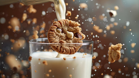 A glass of milk being poured, with a cookie falling into itの素材