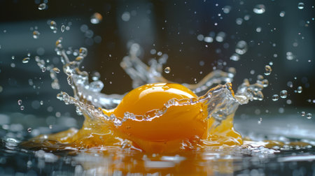 A perfect egg being cracked, with the yolk floating in mid-airの素材