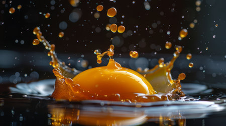 A perfect egg being cracked, with the yolk floating in mid-airの素材