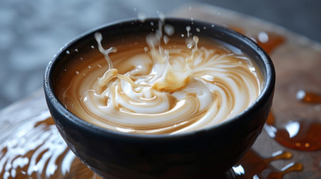 A splash of fresh cream swirling into a dark, rich cup of espressoの素材