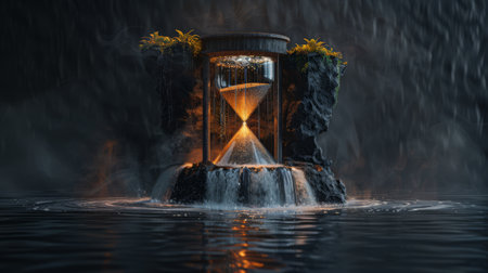 Hourglass with falling sands transforming into a cascading waterfallの素材